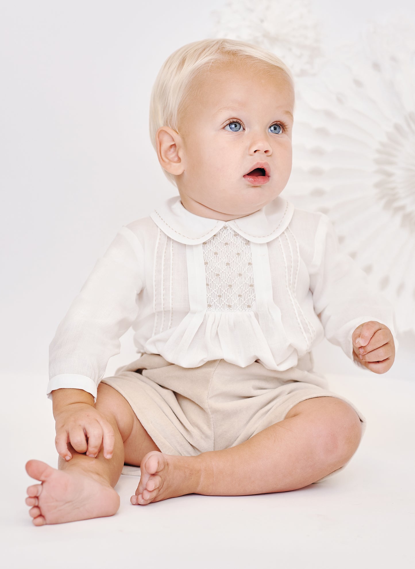 Sarah Louise Smocked Long Sleeved Beige 2-Piece Shorts Set