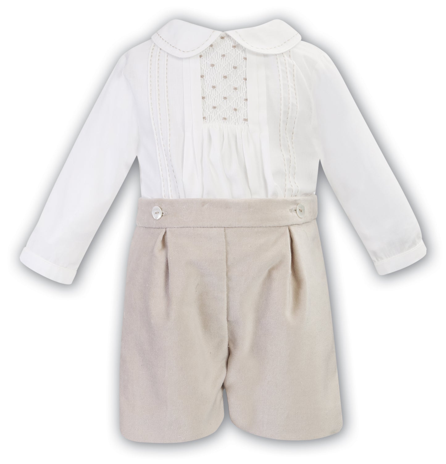 Sarah Louise Smocked Long Sleeved Beige 2-Piece Shorts Set