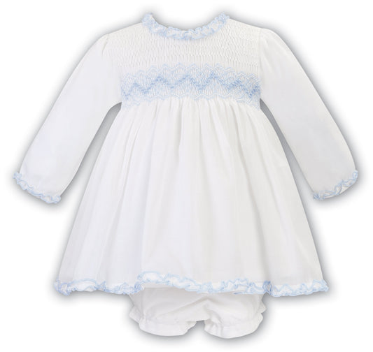 Sarah Louise Baby Girls Smocked Long Sleeved Ivory and Blue Dress