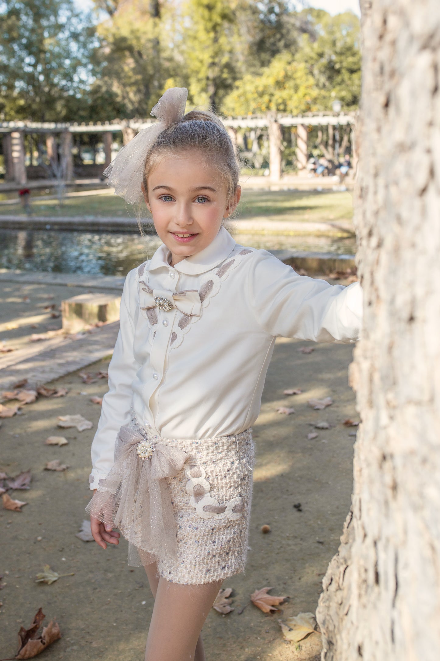 Naxos Girls 3-Piece Tweed Blazer, Shirt & Shorts Set | Champagne Sparkle Outfit with Bows & Jewel Detail (8–12 Years)