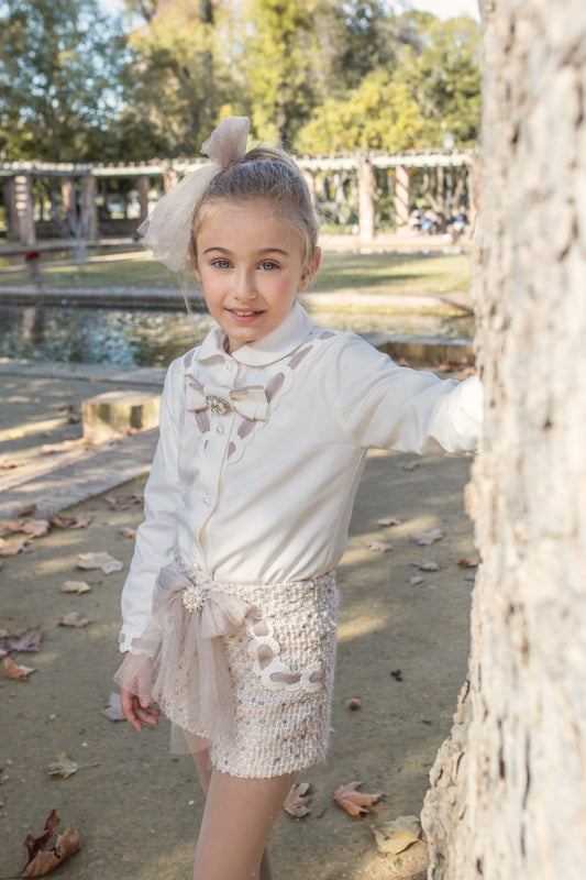 Naxos Girls 3-Piece Tweed Blazer, Shirt & Shorts Set | Champagne Sparkle Outfit with Bows & Jewel Detail (8–12 Years)