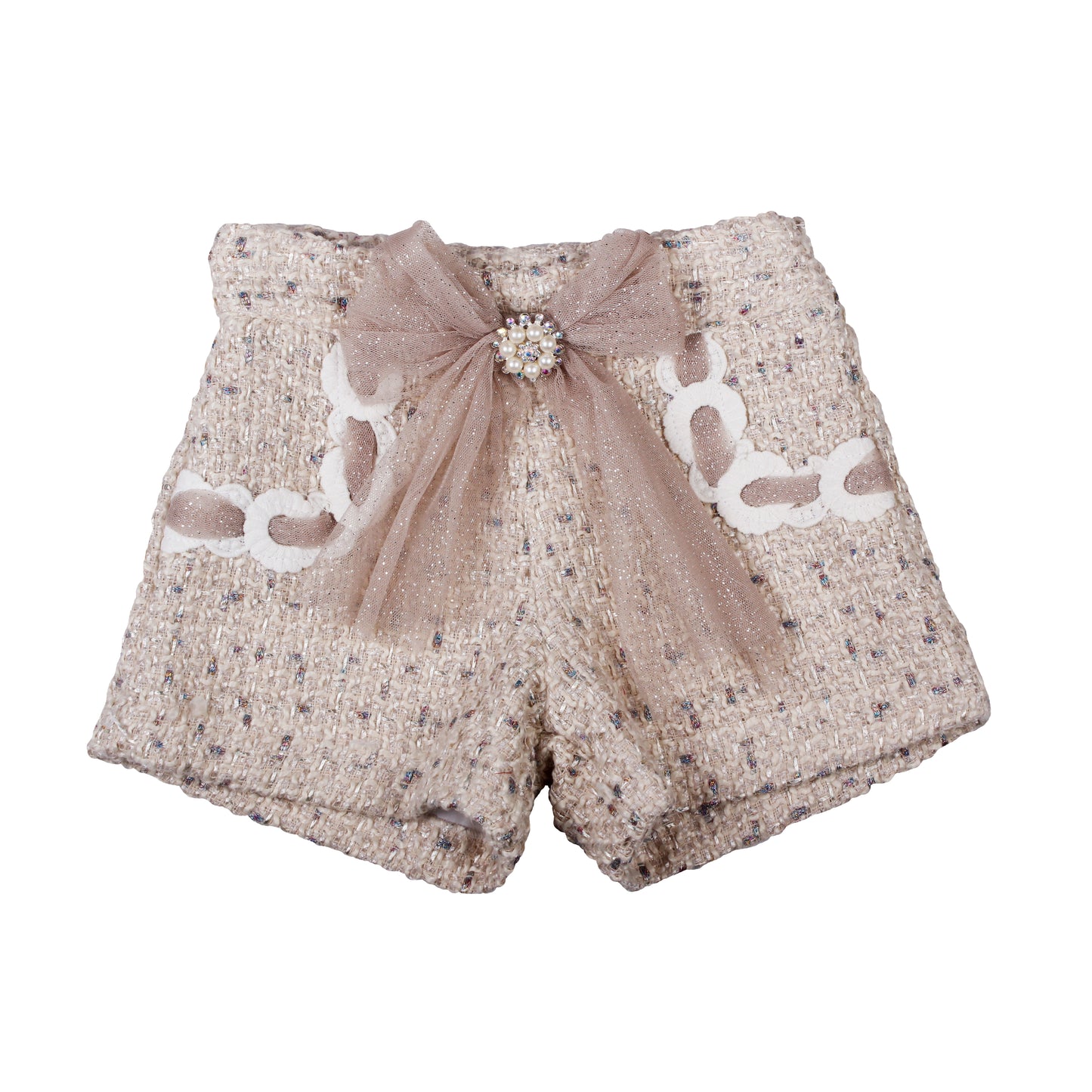 Naxos Girls 3-Piece Tweed Blazer, Shirt & Shorts Set | Champagne Sparkle Outfit with Bows & Jewel Detail (8–12 Years)