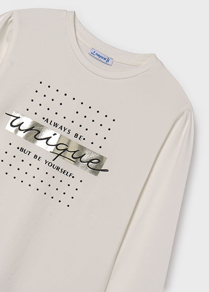 Mayoral Long Sleeve Cream Top and Gold Metallic Ribbed Pants Set