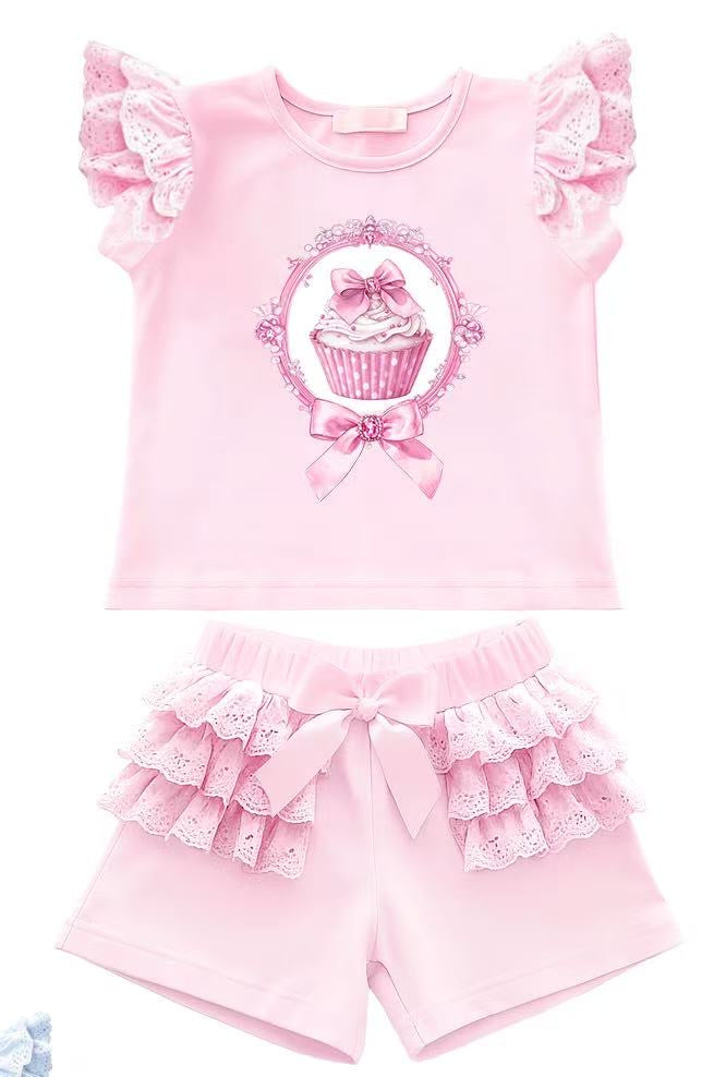 Girls Pink ‘Cupcake’ Shorts Set with Bow Detail | Boutique Summer Outfit | Ages 1–8