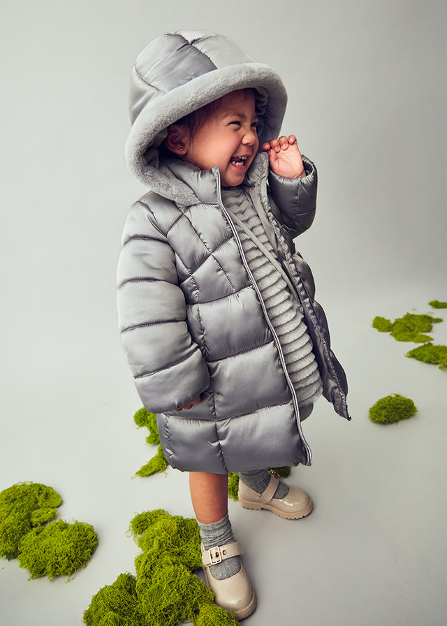 Mayoral Baby & Toddler Girls Silver Puffer Coat | Hooded Winter Jacket with Faux Fur Lining (12M–4Y)