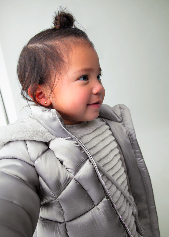 Mayoral Baby & Toddler Girls Silver Puffer Coat | Hooded Winter Jacket with Faux Fur Lining (12M–4Y)