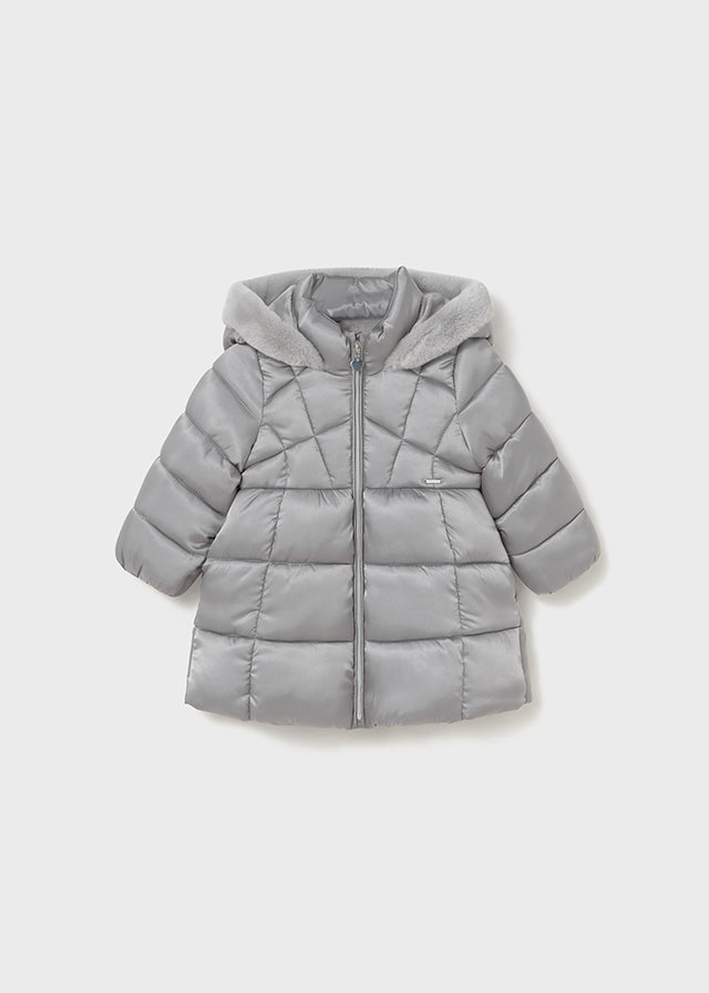 Mayoral Baby & Toddler Girls Silver Puffer Coat | Hooded Winter Jacket with Faux Fur Lining (12M–4Y)
