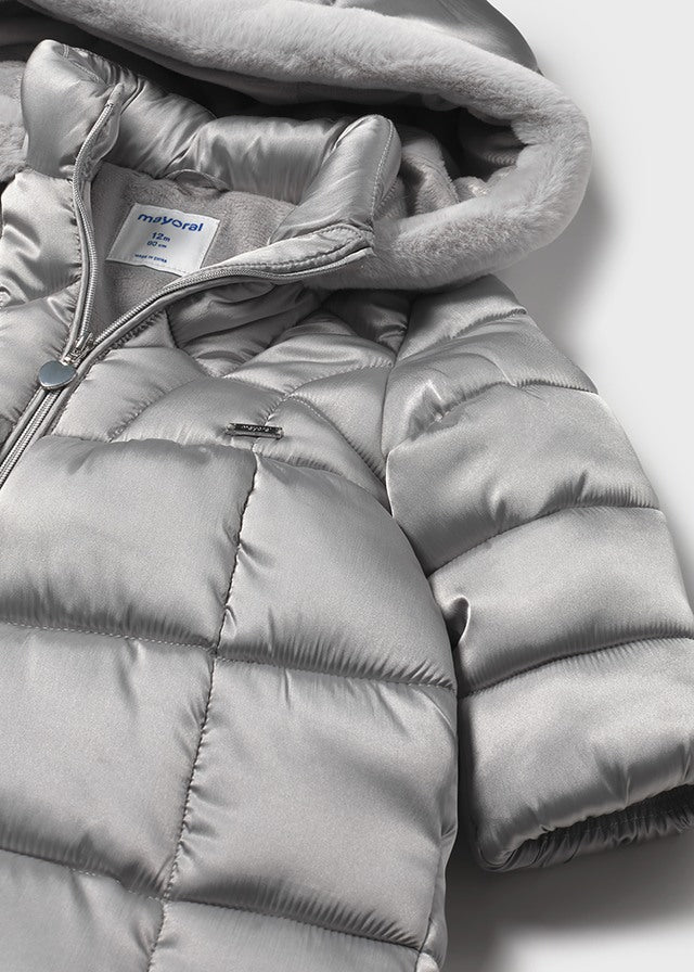 Mayoral Baby & Toddler Girls Silver Puffer Coat | Hooded Winter Jacket with Faux Fur Lining (12M–4Y)