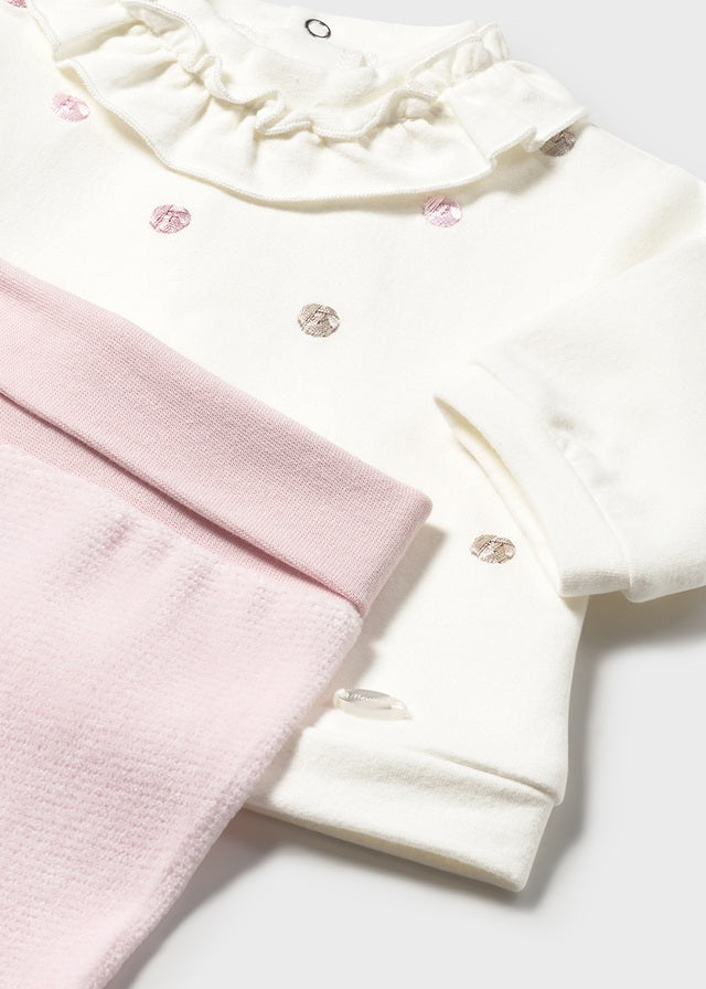 Mayoral Baby Girl 2-Piece Rose Dot Set | Cream Ruffle Top & Pink Footed Trousers (0–18M)
