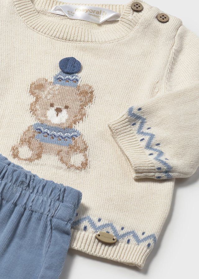 Mayoral Baby Boy Teddy Jumper & Trousers Set | Cream Knit Top & Blue Woven Bottoms (0–18M)
