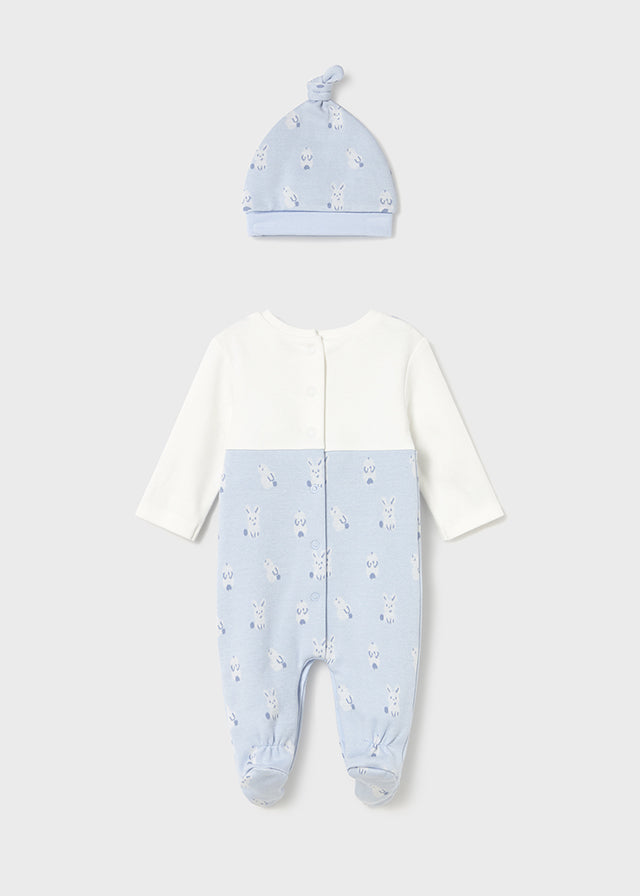 Mayoral Baby Boy 3-Piece Dungaree Set | Blue Bunny Footed Romper, Long Sleeve Top & Hat (0–18M)