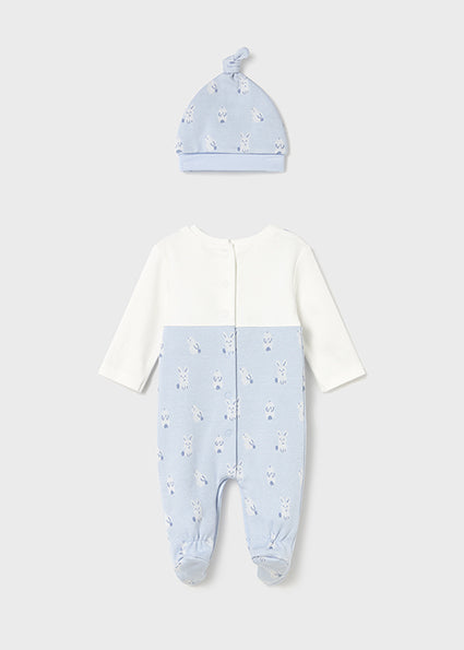 Mayoral Baby Boy 3-Piece Dungaree Set | Blue Bunny Footed Romper, Long Sleeve Top & Hat (0–18M)