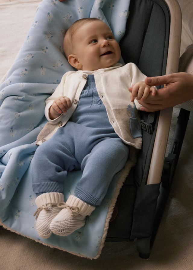 Mayoral Baby Boy 3-Piece Knitted Dungaree Set | Blue & Cream Bunny Cardigan, Polo Top & Romper (0–18M)