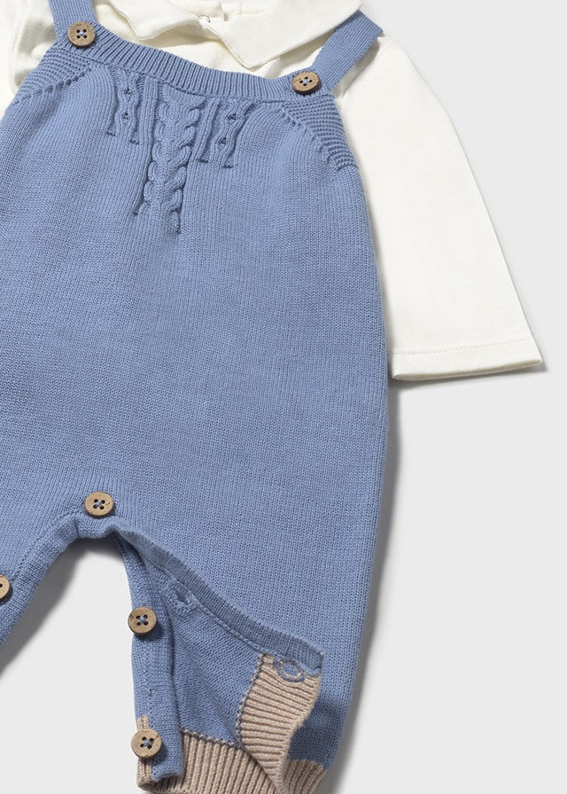 Mayoral Baby Boy 3-Piece Knitted Dungaree Set | Blue & Cream Bunny Cardigan, Polo Top & Romper (0–18M)
