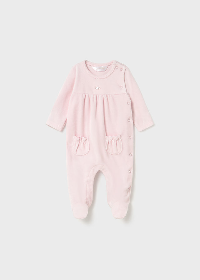 Mayoral Baby Girl Pink Velour Babygrow | Side Popper Romper with Ruffle Pockets (0–18M)