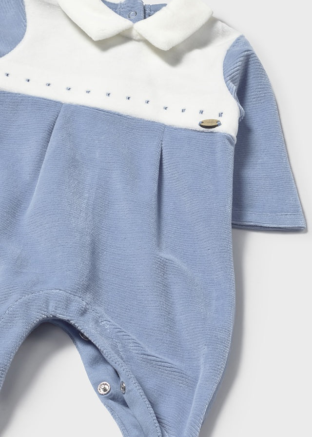 Mayoral Baby Boy Velour Babygrow | Soft Sage Green or Blue with Collar & Stitch Detail (0–18M)