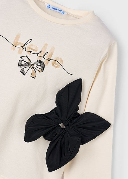 Mayoral Girls Cream “Hello” Top, Black Bow Headband & Velvet Leggings Set | 3-Piece Outfit (4–10 Years)