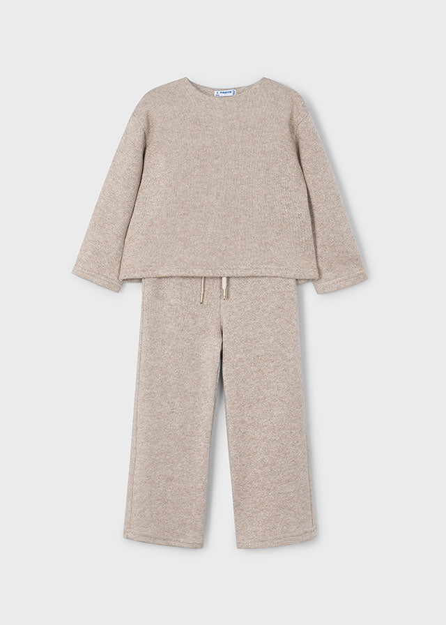 Mayoral Girls Beige Knit Co-ord Set | Soft 2-Piece Loungewear with Back Bow Detail (6–10 Years)