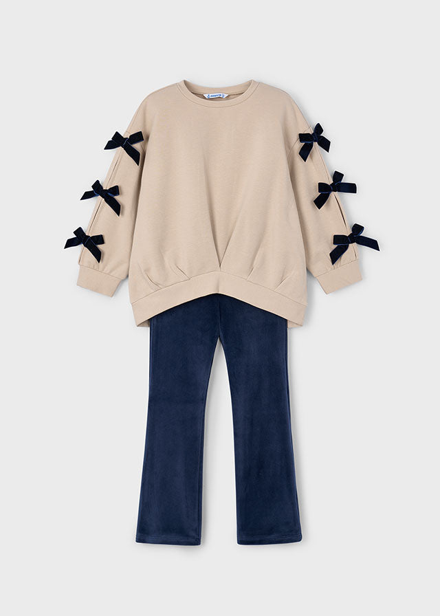 Mayoral Girls Beige Sweatshirt & Navy Leggings Set | Bow Sleeve Detail Co-ord (4–10 Years)