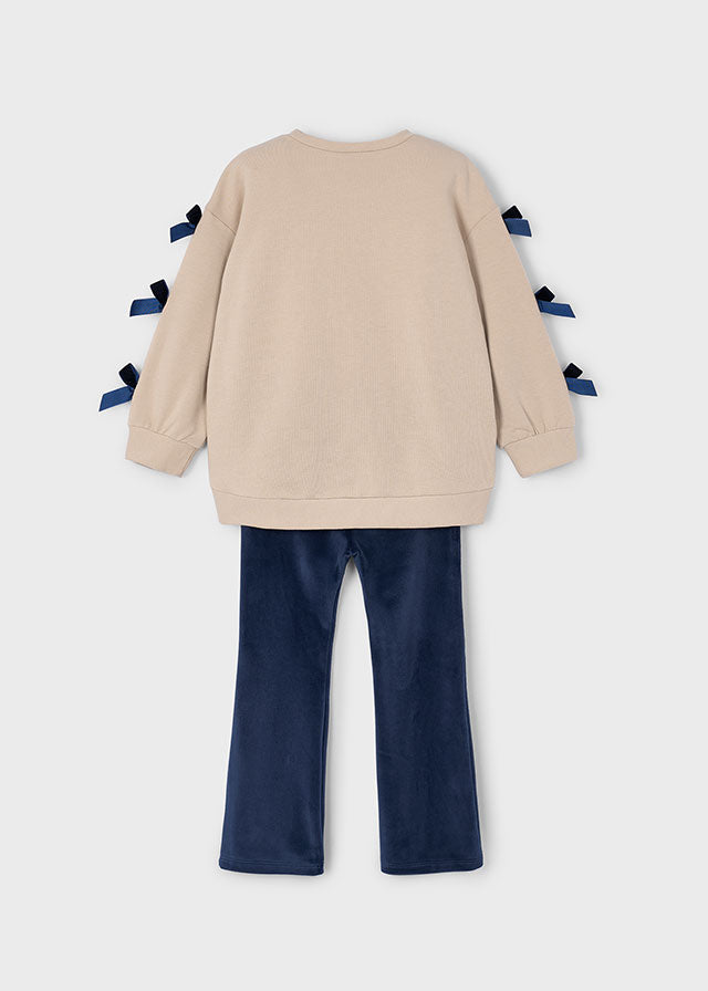 Mayoral Girls Beige Sweatshirt & Navy Leggings Set | Bow Sleeve Detail Co-ord (4–10 Years)