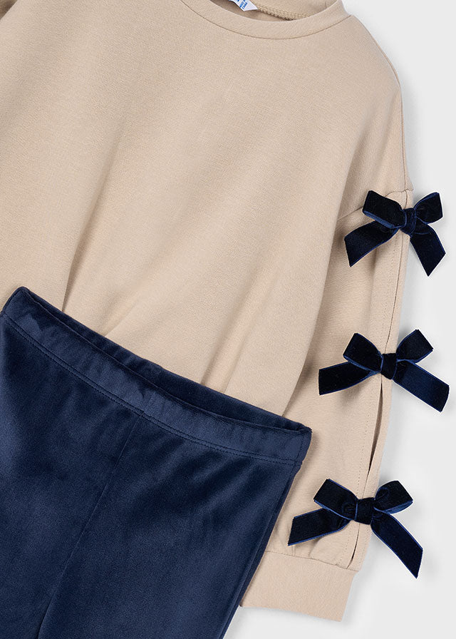 Mayoral Girls Beige Sweatshirt & Navy Leggings Set | Bow Sleeve Detail Co-ord (4–10 Years)