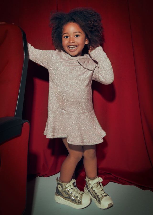 Mayoral Girls Beige Knit Bow Dress | Soft Drop Hem Long Sleeve Dress (4-6 Years)