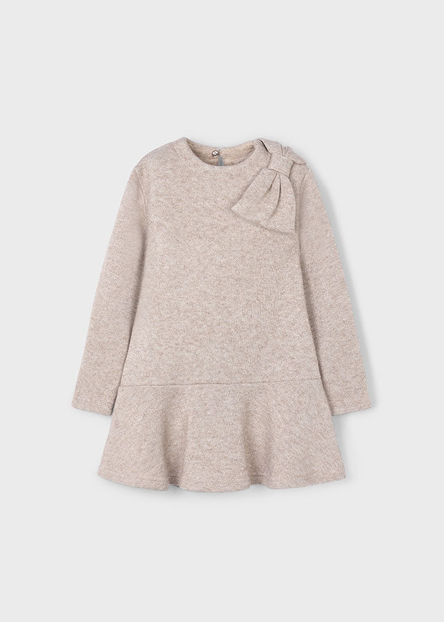Mayoral Girls Beige Knit Bow Dress | Soft Drop Hem Long Sleeve Dress (4-6 Years)