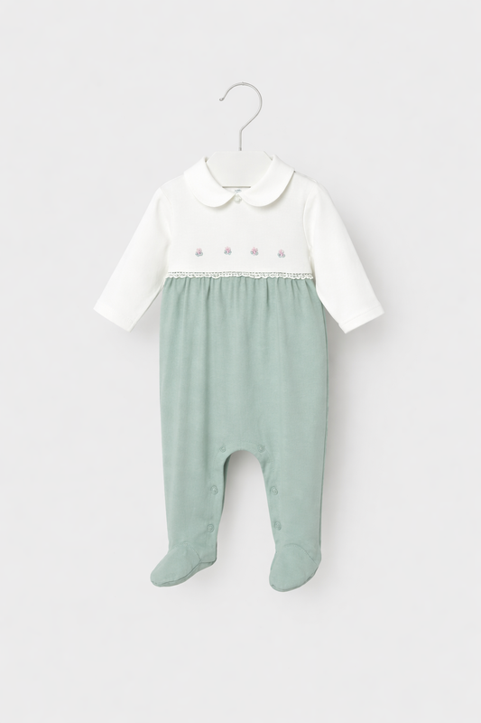 Mayoral Baby Girl Rose/Embroidered Babygrow | Sage Green & Ivory Babygrow With Rose Embroidery (0M–12M)