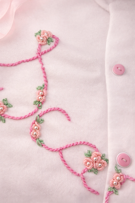 MADE TO ORDER Handmade Rosalie Garden Personalised Babygrow | Handmade Heirloom Baby Gift