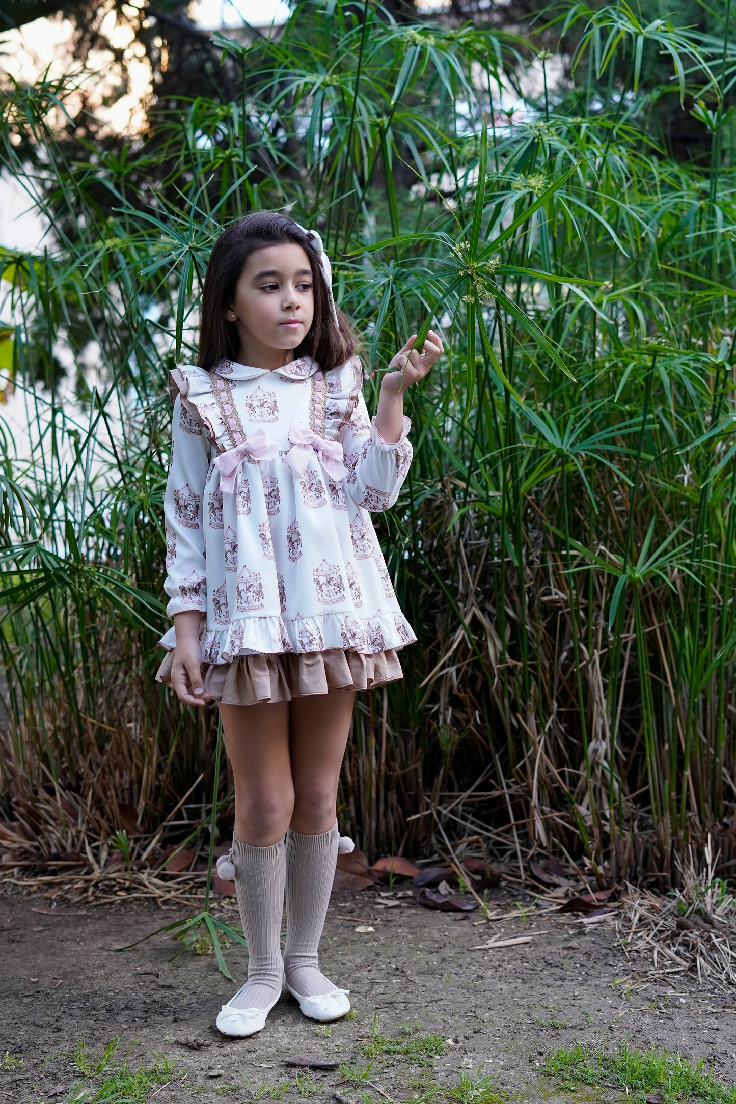 Babiné Carousel Print Dress with Pink Bows & Frill Hem | Spanish Girls Dress (2–5 Years)