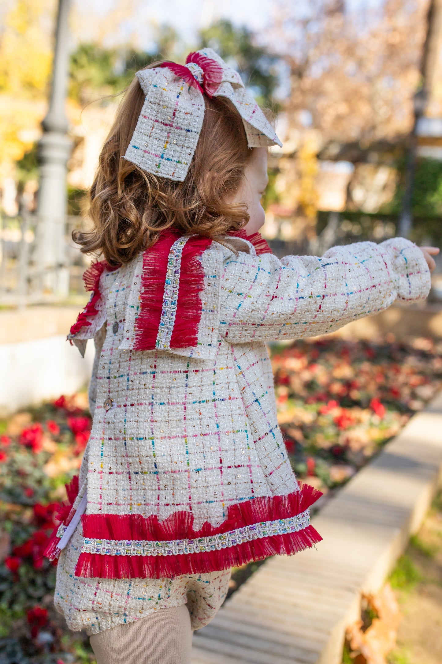 Naxos Baby Girls Red & Cream Tweed Bloomer Set | Spanish Outfit with Statement Trim (6M–2Y)