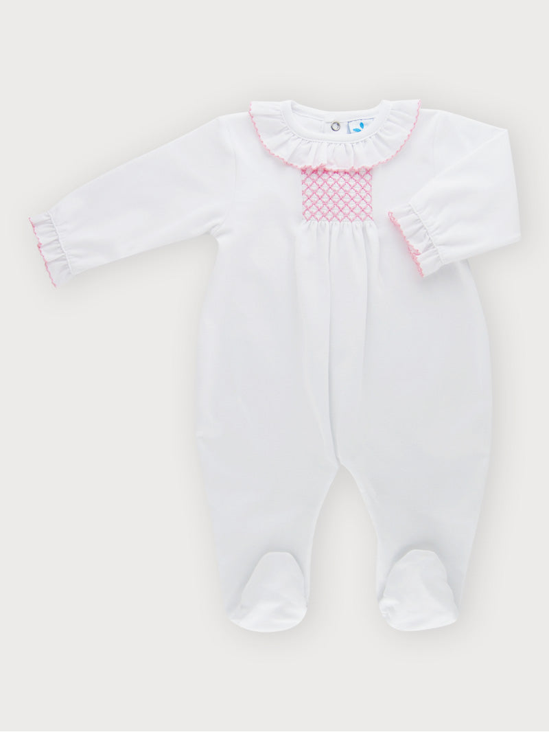 SS25 Sardon Baby White Cotton Pink Smocked Babygrow