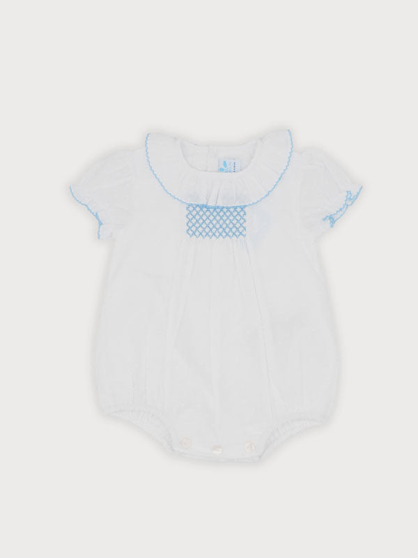 SS25 Sardon Baby White Cotton Blue Smocked Romper