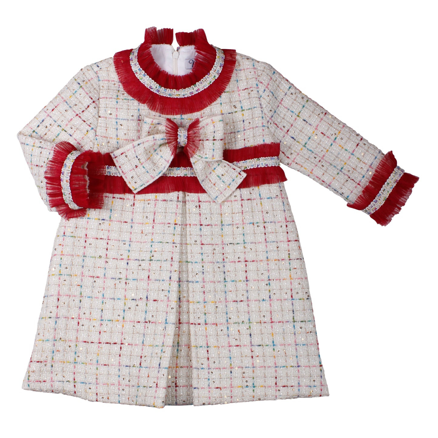 Naxos Girls Red & Cream Tweed Bow Dress | Winter Party Dress with Statement Trim (3-6 Years)