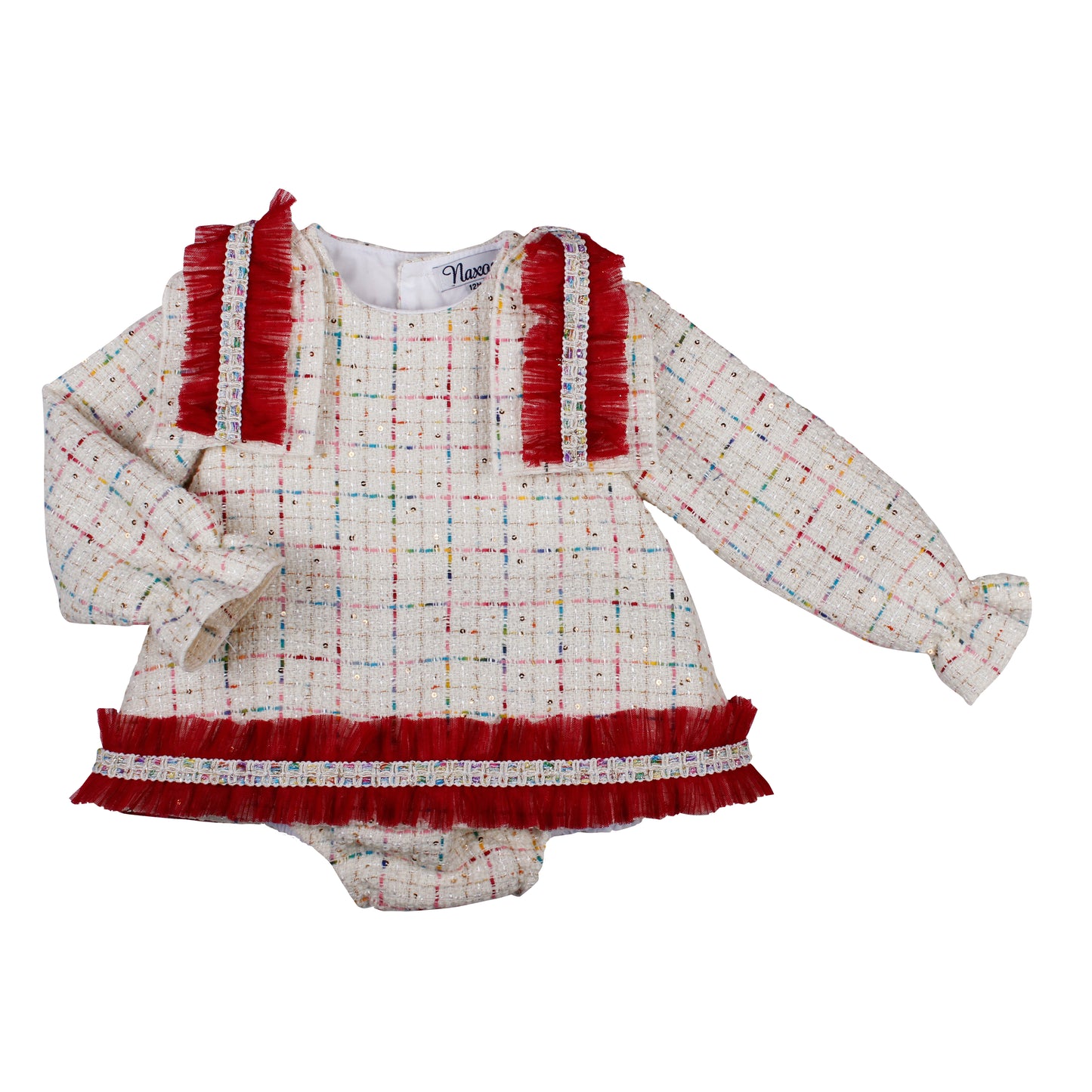 Naxos Baby Girls Red & Cream Tweed Bloomer Set | Spanish Outfit with Statement Trim (6M–2Y)