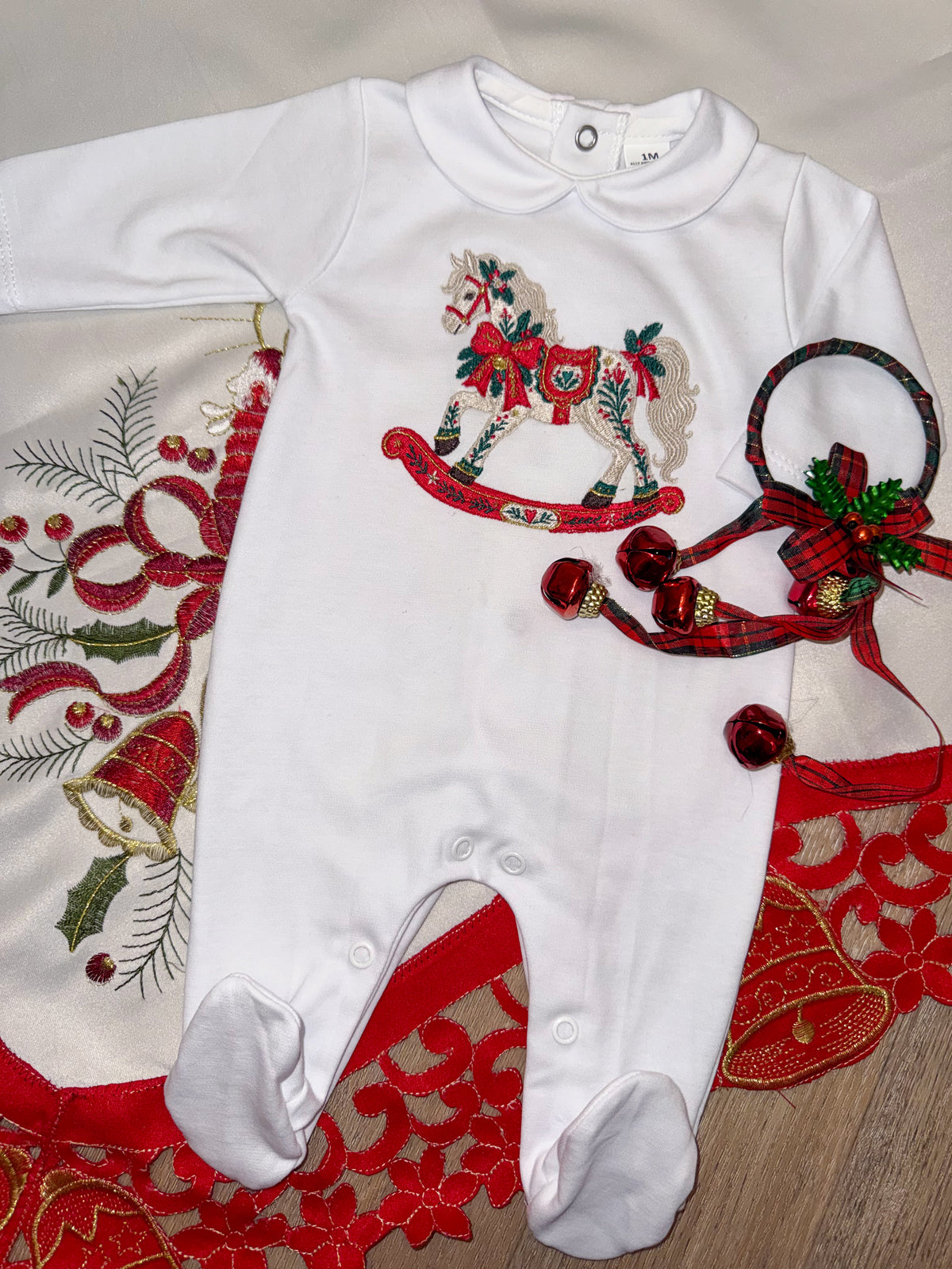 MADE TO ORDER The Heirloom Rocking Horse Luxe Embroidered Babygrow