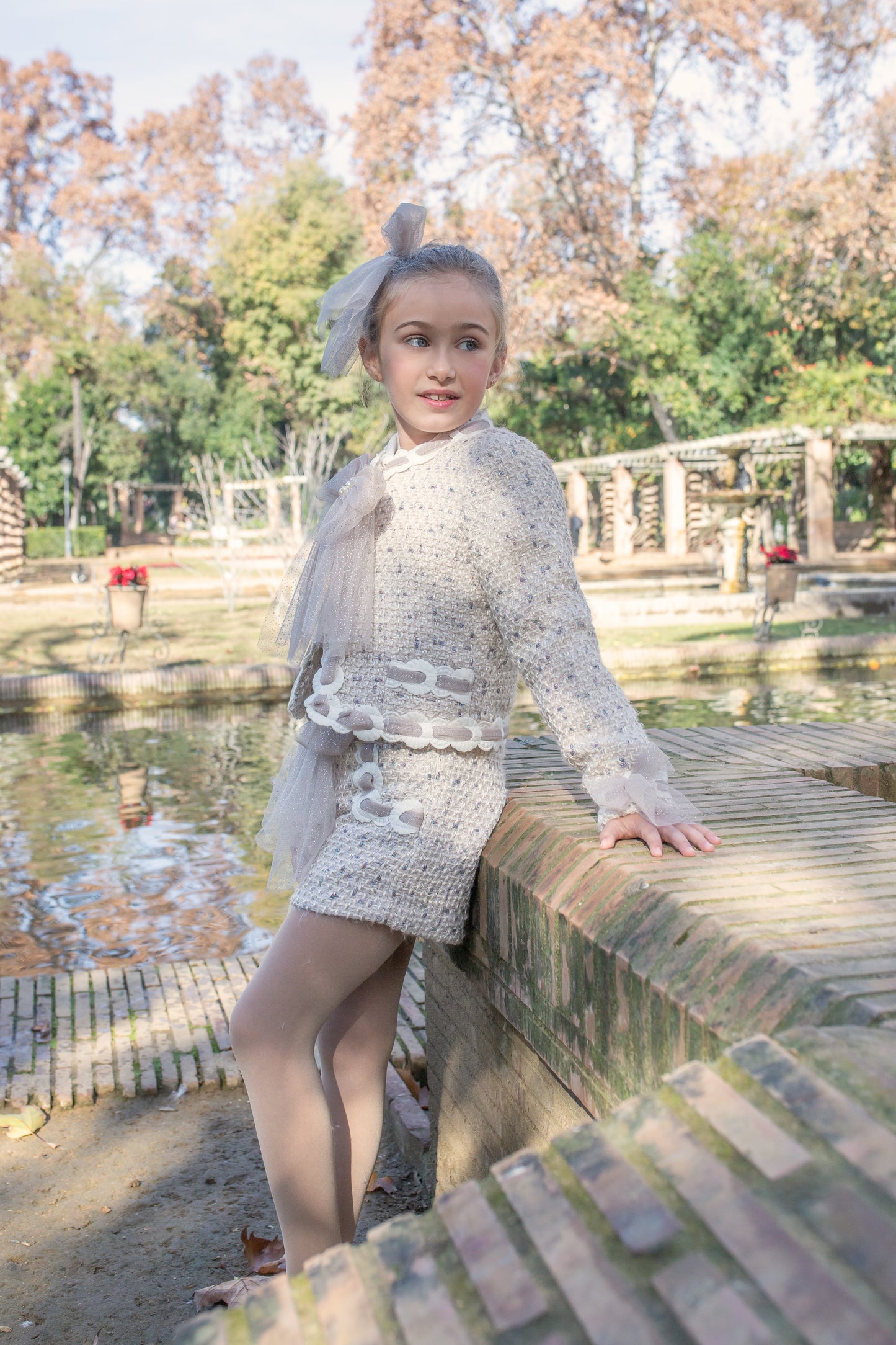 Naxos Girls 3-Piece Tweed Blazer, Shirt & Shorts Set | Champagne Sparkle Outfit with Bows & Jewel Detail (8–12 Years)