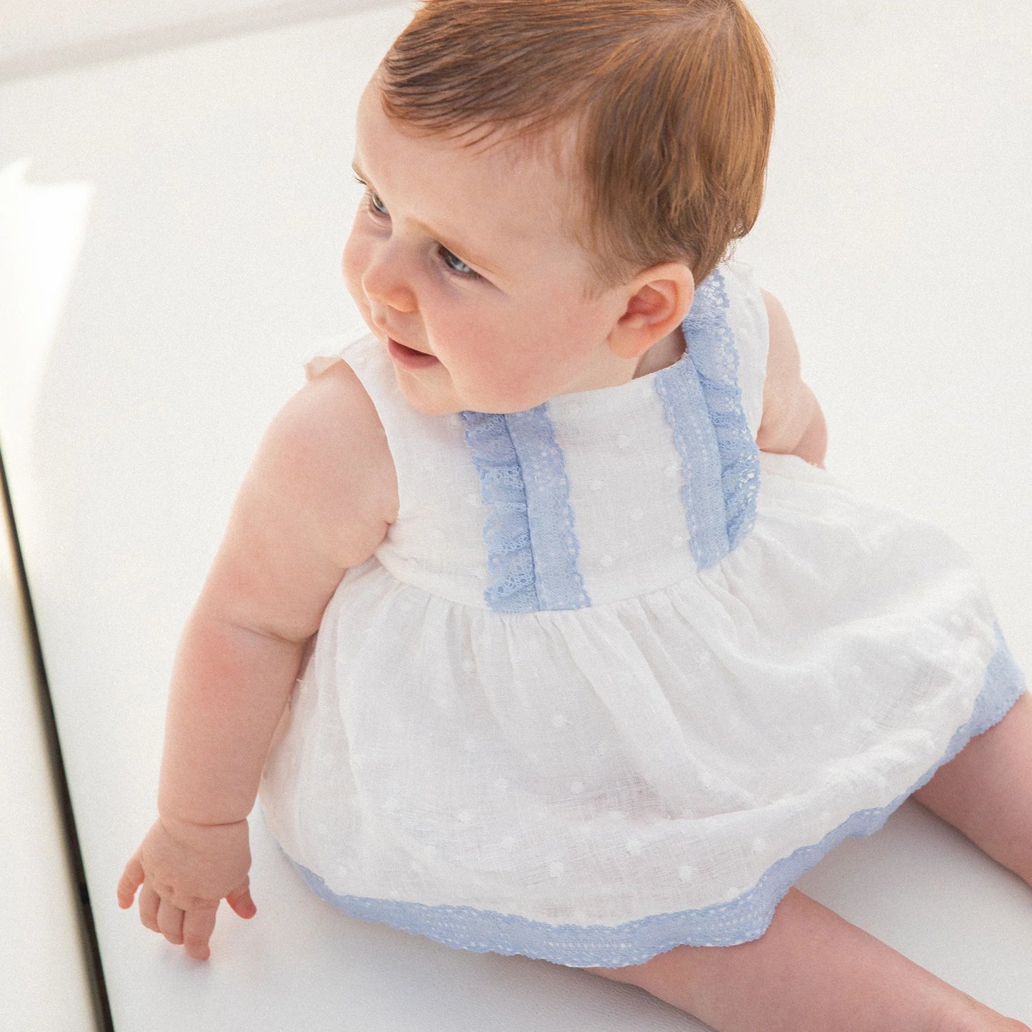 Tutto Piccolo Girls White Dress with Blue Frill & Knickers