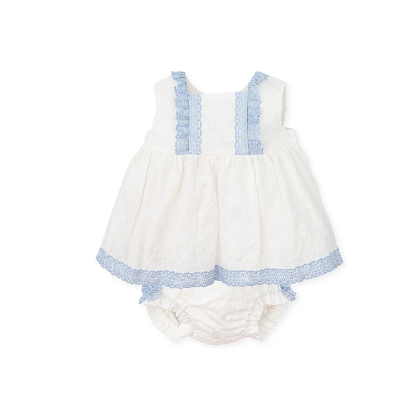 Tutto Piccolo Girls White Dress with Blue Frill & Knickers