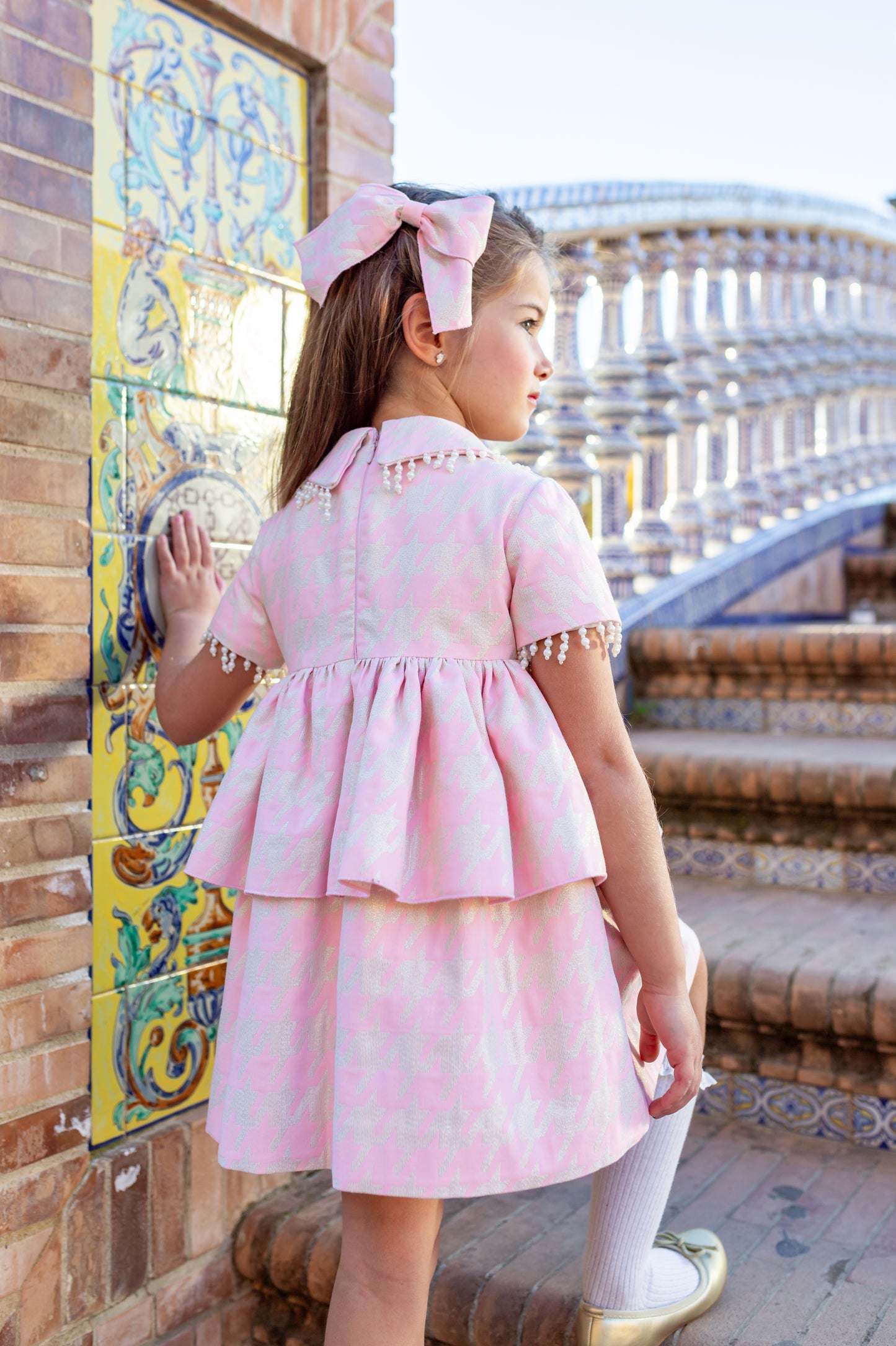Naxos Girls Pink/Gold Houndstooth Dress