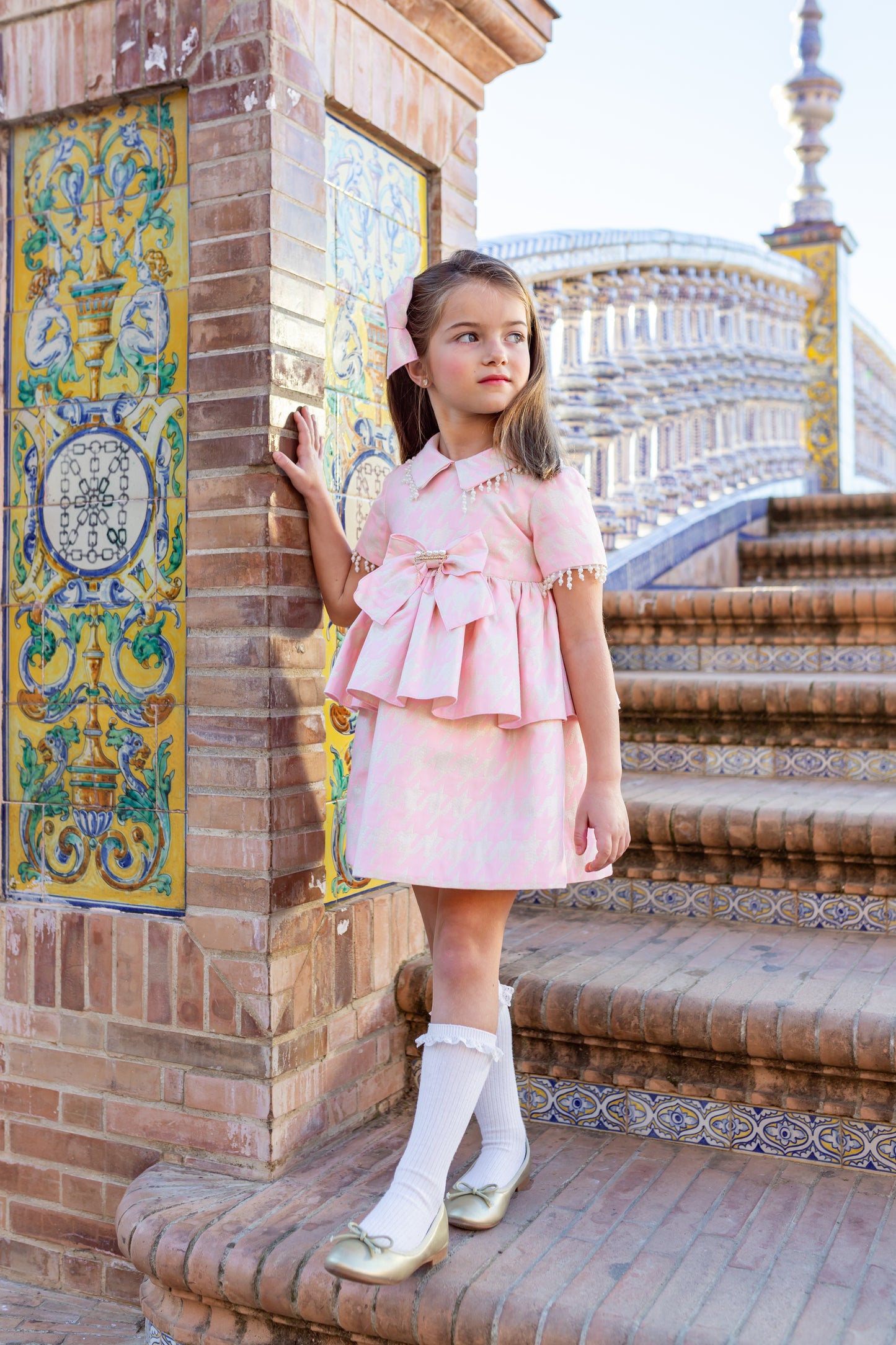 Naxos Girls Pink/Gold Houndstooth Dress