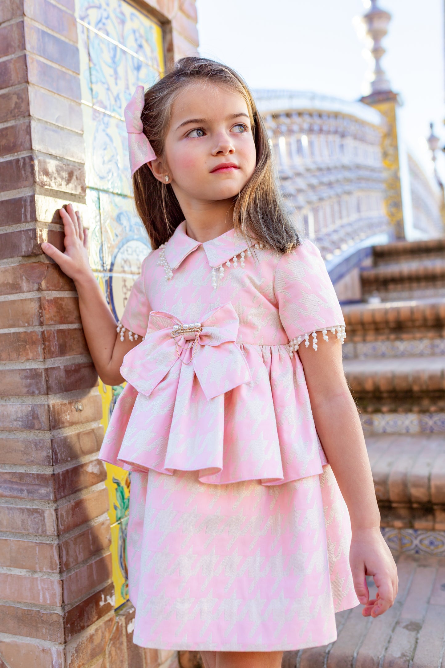 Naxos Girls Pink/Gold Houndstooth Dress