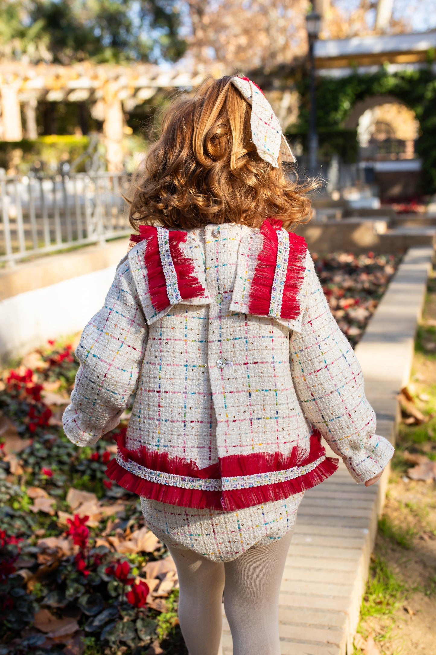 Naxos Baby Girls Red & Cream Tweed Bloomer Set | Spanish Outfit with Statement Trim (6M–2Y)