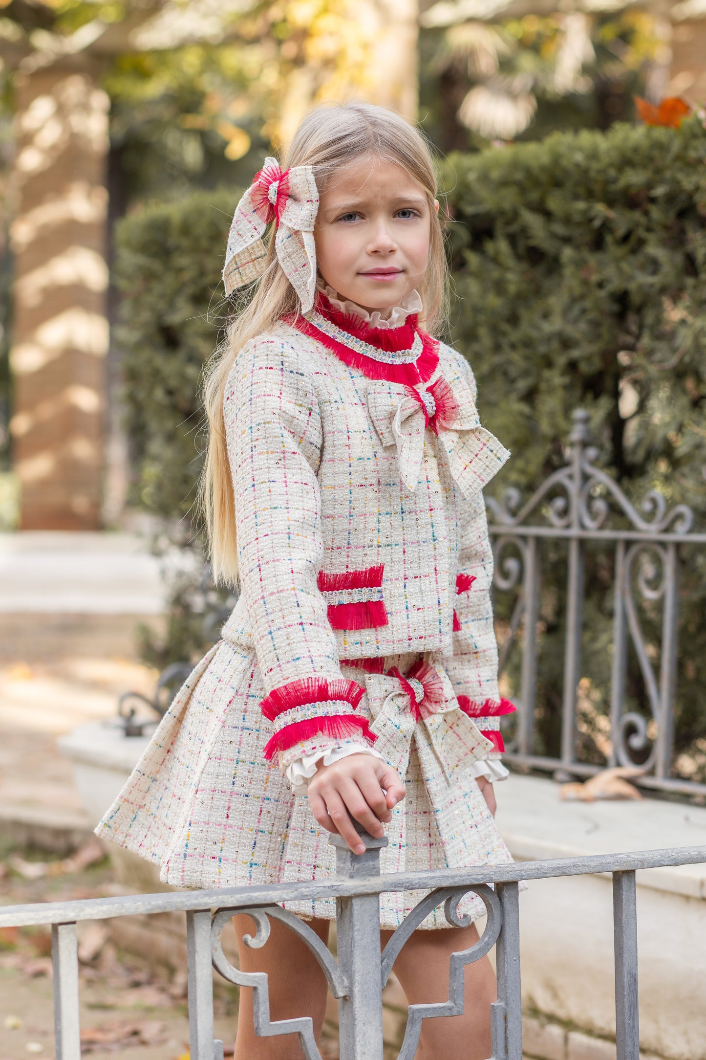 Naxos Girls 3-Piece Red & Cream Tweed Set | Blazer, Shirt & Skirt with Bow Detail (8-12 Years)