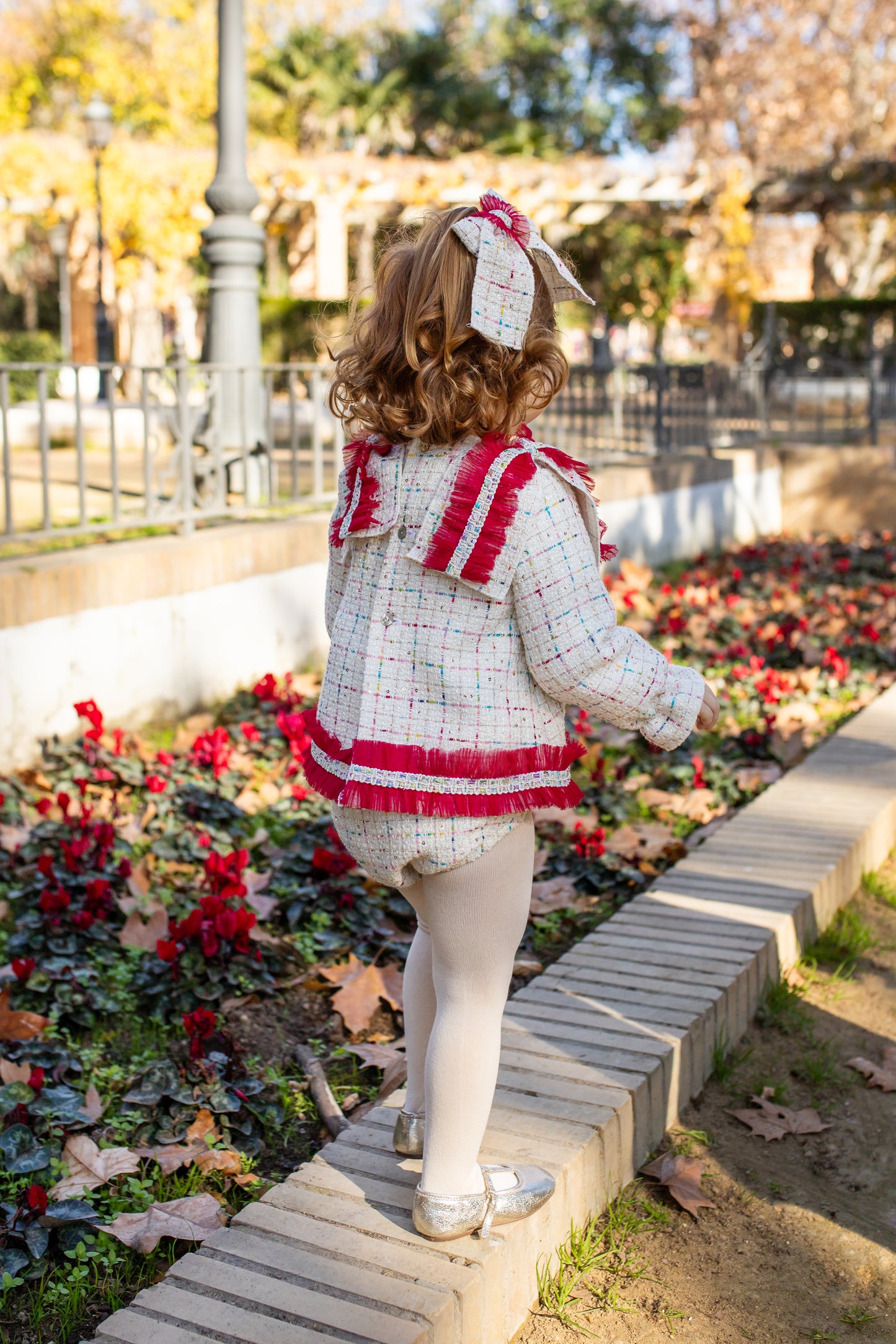 Naxos Baby Girls Red & Cream Tweed Bloomer Set | Spanish Outfit with Statement Trim (6M–2Y)