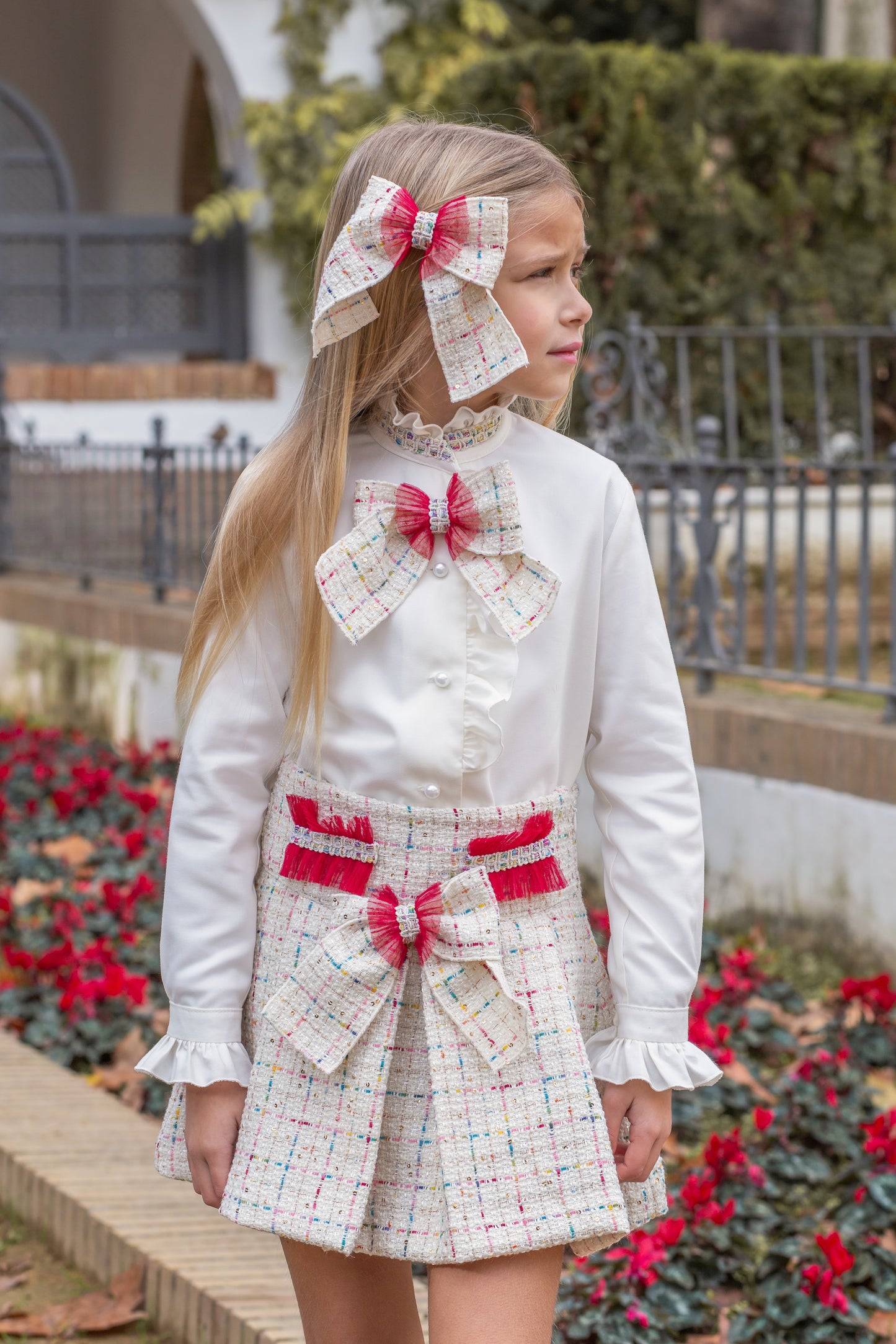 Naxos Girls 3-Piece Red & Cream Tweed Set | Blazer, Shirt & Skirt with Bow Detail (8-12 Years)