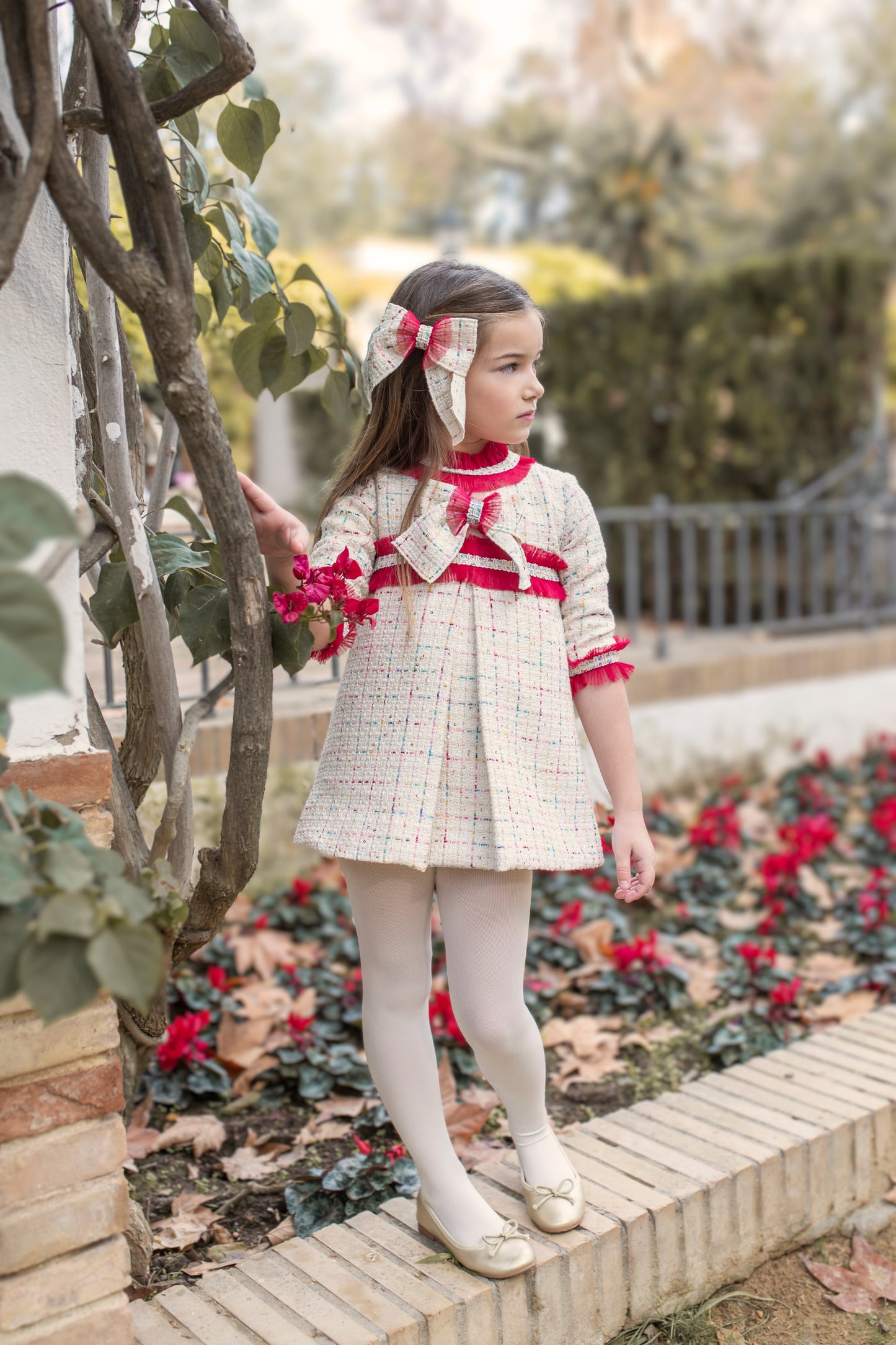 Naxos Girls Red & Cream Tweed Bow Dress | Winter Party Dress with Statement Trim (3-6 Years)