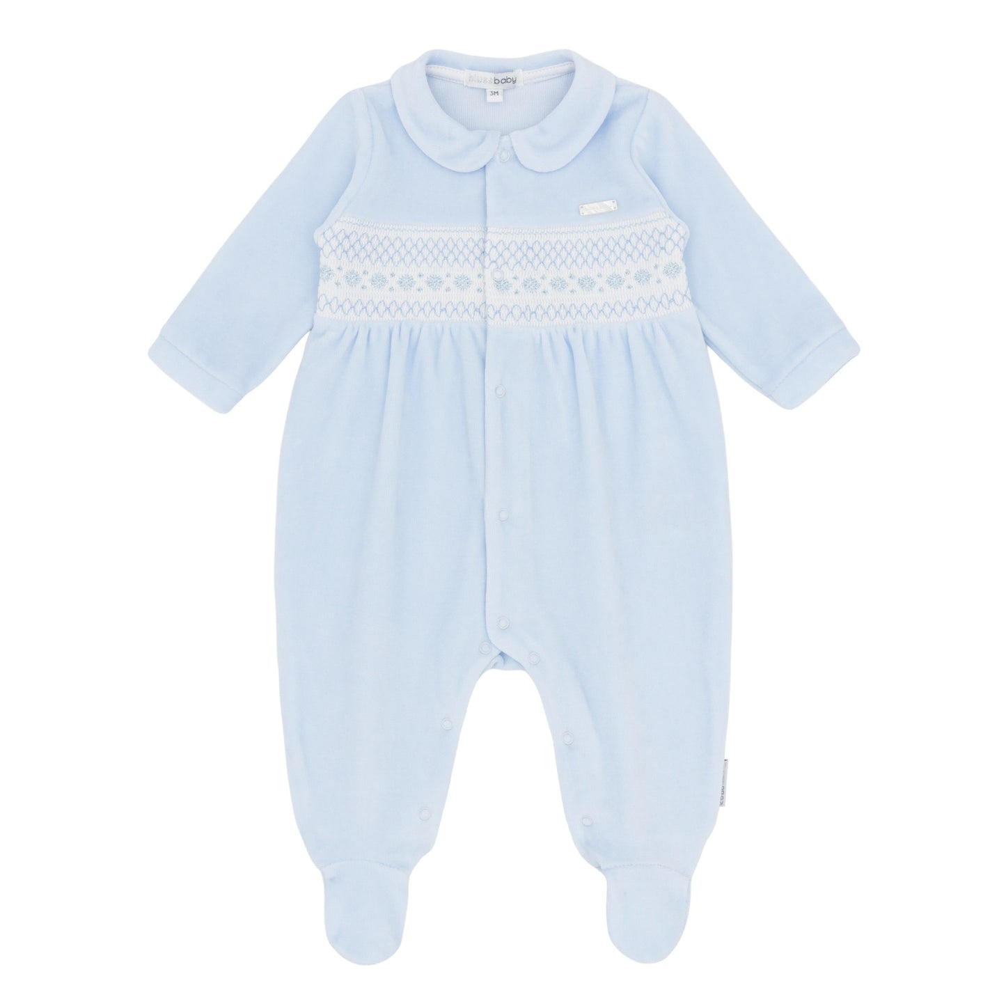 Blues Baby ‘Tivoli’ Boys Blue Smocked Velour All in One| Soft Blue (NB-6M)