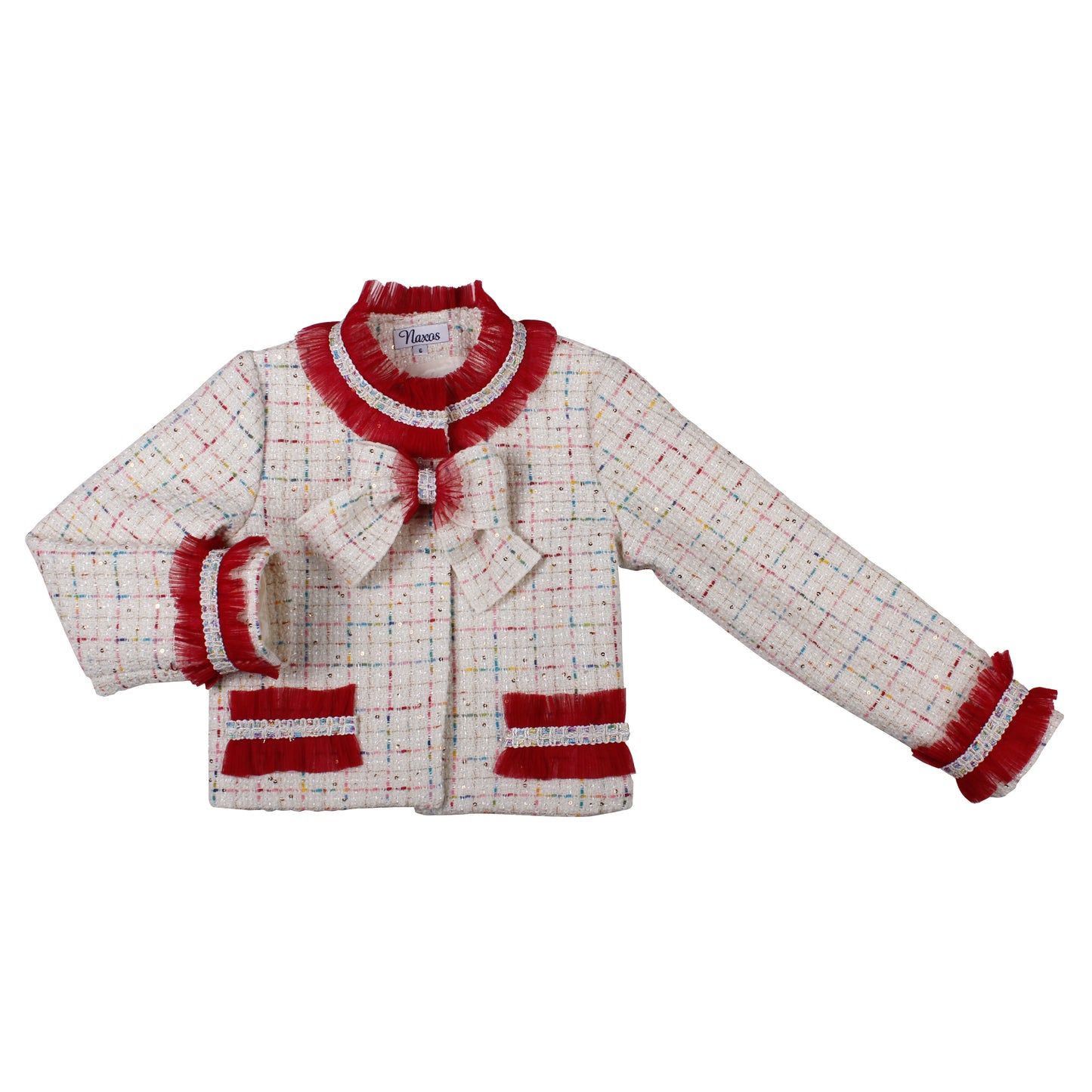 Naxos Girls 3-Piece Red & Cream Tweed Set | Blazer, Shirt & Skirt with Bow Detail (8-12 Years)