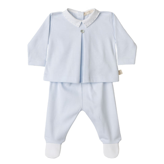 Pre-Order Baby Gi Blue Cotton Two Piece Outfit, Bib and Muslin